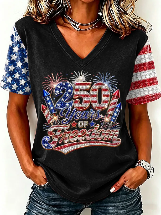 Women'S America Flag Print Casual V-Neck T-Shirt