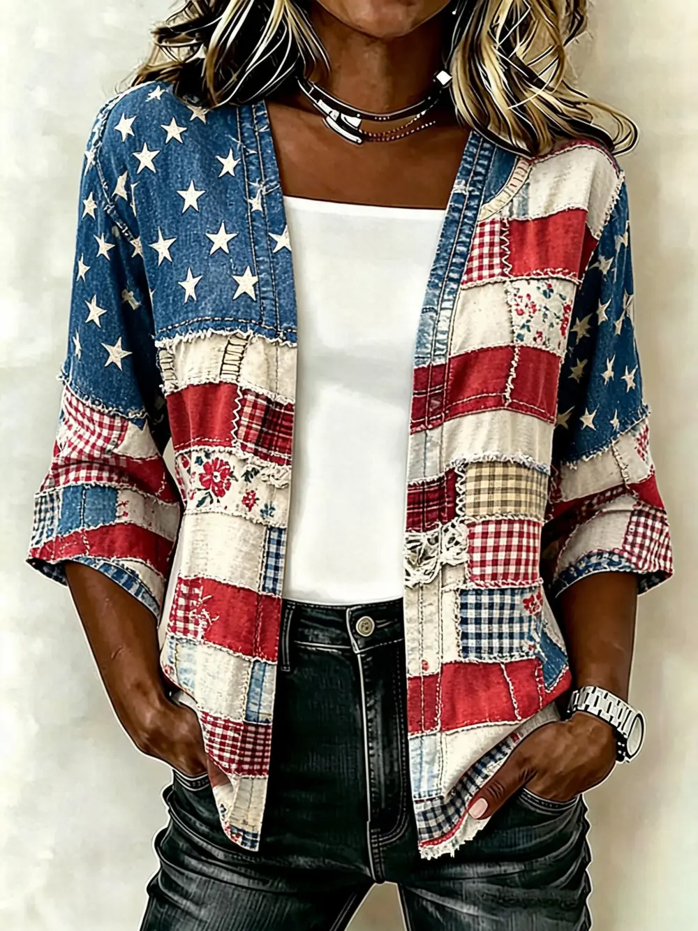 Women'S Casual Loose Independence Day Patriotic Cardigan