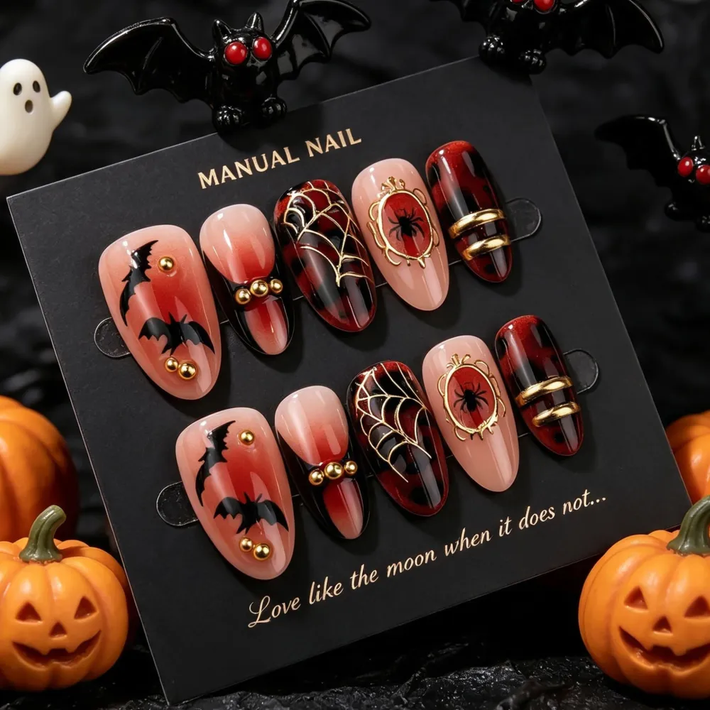 Nailhour 30Pcs Halloween 3D Medium Almond Dark Press On Nails