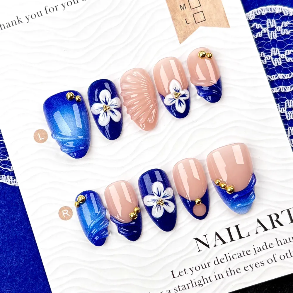 Nailhour 30Pcs Summer 3D Resin Blue Floral Beach Press On Nails