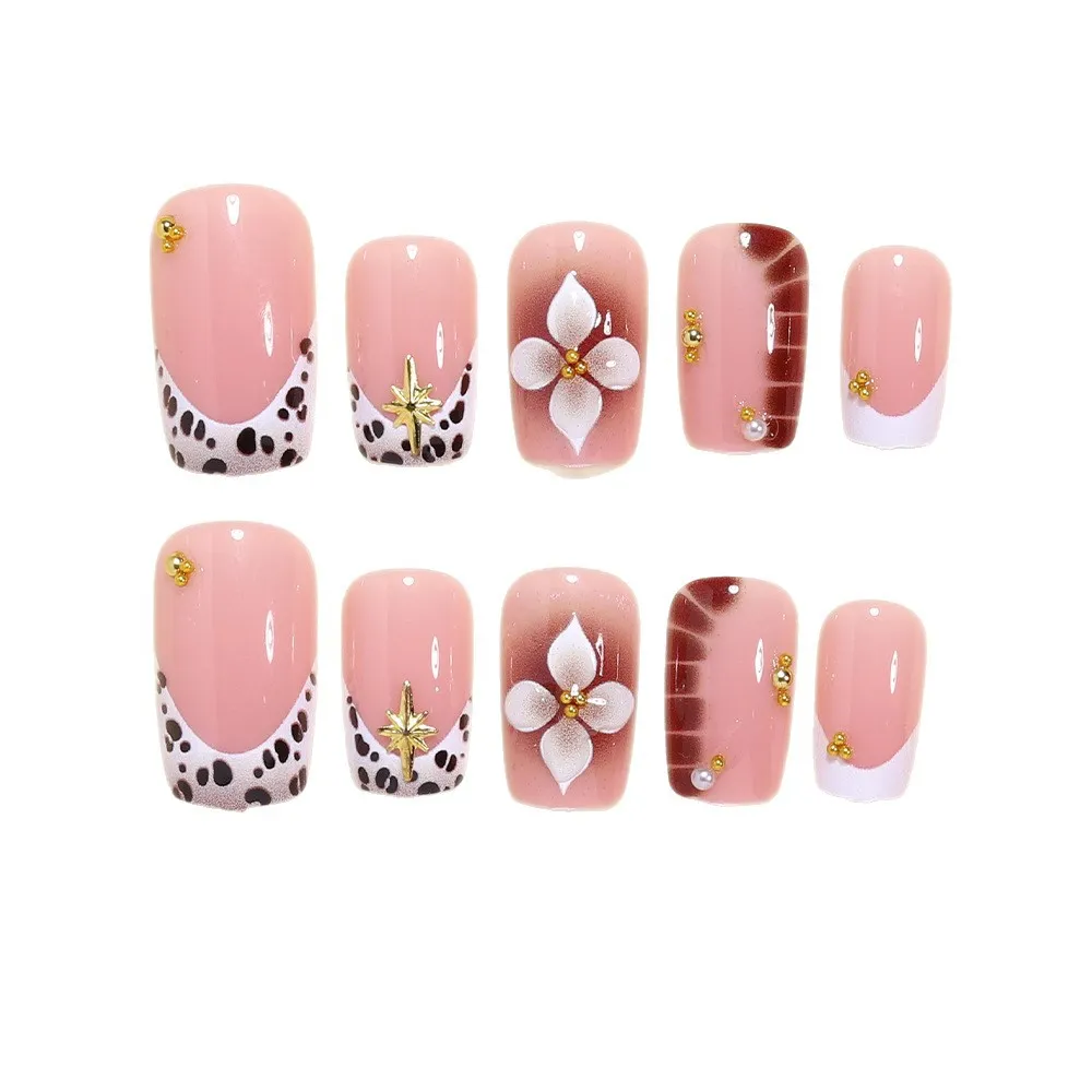 Nailhour 24Pcs French 3DFloral Medium Square Press On Nails