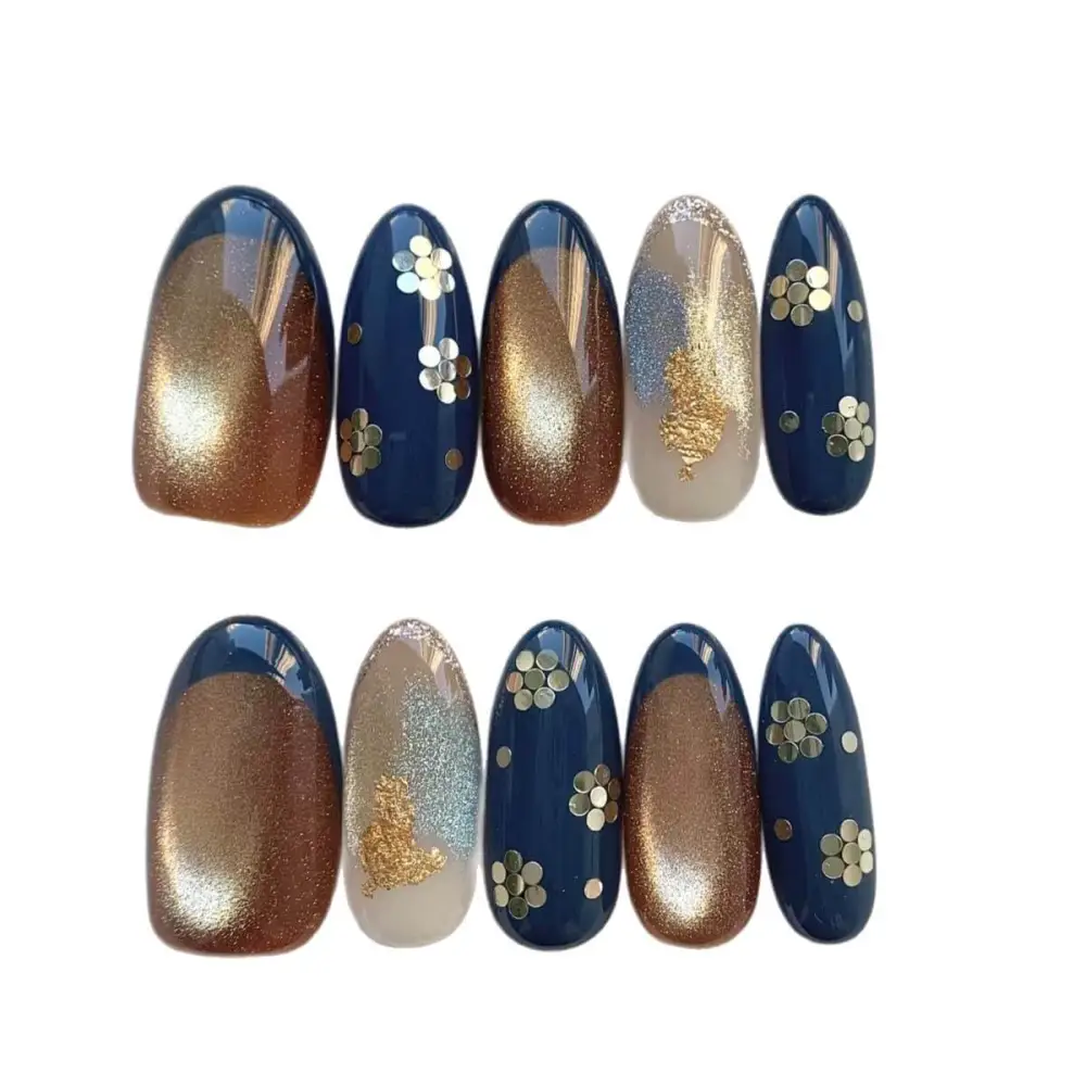 Nailhour 30Pcs White French Cat Eye Medium Almond Press On Nails