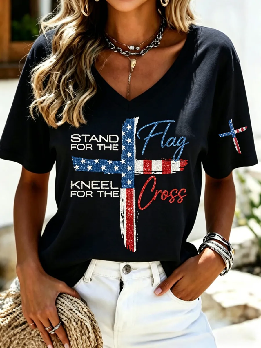 Women's America's 250th Anniversary Stand For The Flag Kneel For The Cross Faith Christian Cross Print T-Shirt