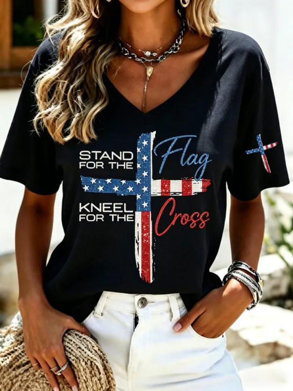 Women's America's 250th Anniversary Stand For The Flag Kneel For The Cross Faith Christian Cross Print T-Shirt