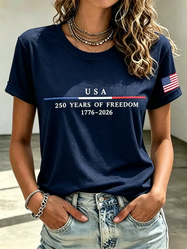 Ladies' Casual American 250Th Anniversary Embroidered Commemorative Round Neck Short Sleeved T-Shirt