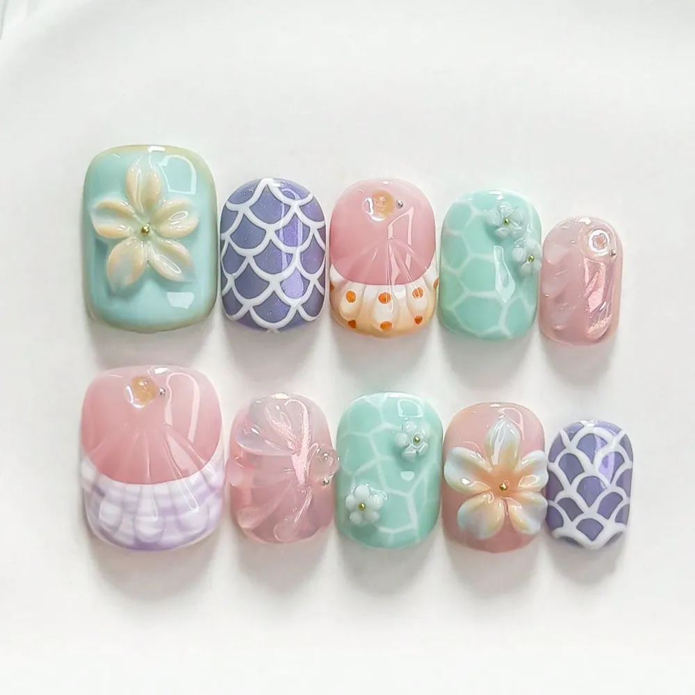 Nailhour 10Pcs Handmade Multicolor Short Square Press On Nails