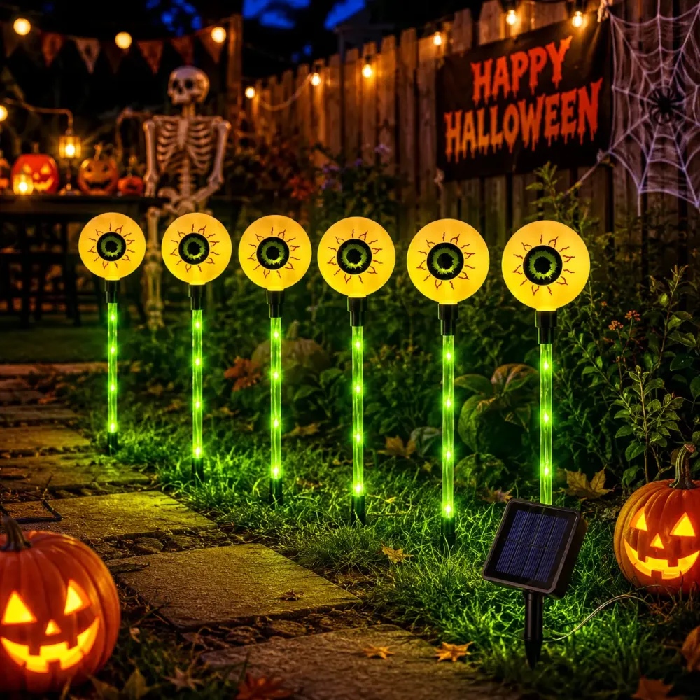 6pcs Halloween Solar Path Lights - Outdoor Ghost, Skeleton & Pumpkin Stake Lights with 8 Modes