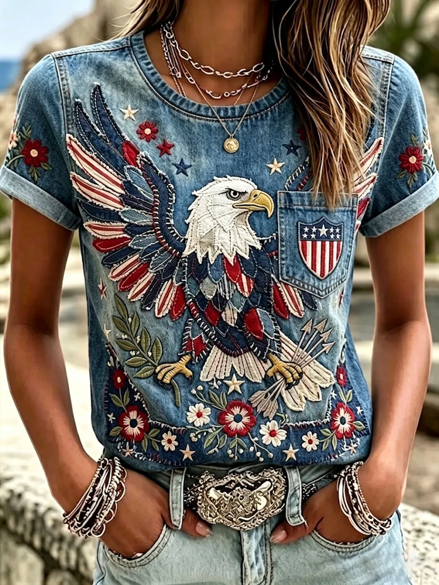 Women's Retro Independence Day Anniversary Floral Pattern Casual  Shirt