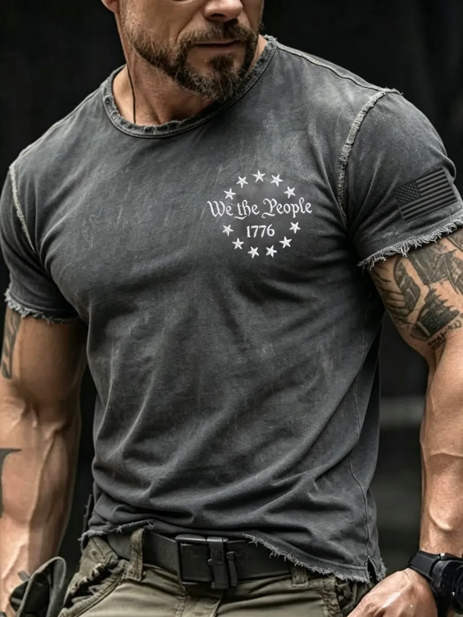 Men's Casual Washed Vintage American Flag Printed Round Neck Top