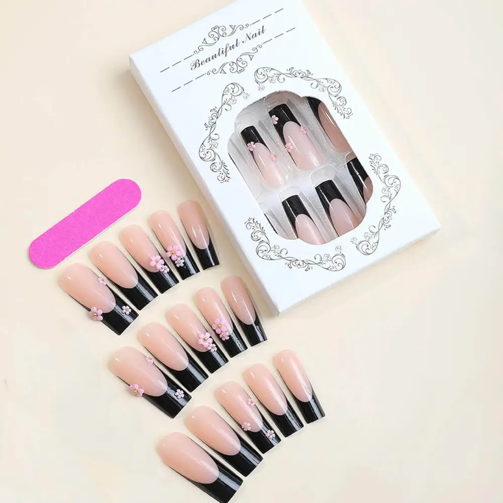 Nailhour 24Pcs French Long Square Goth Cherry Blossom Press On Nails