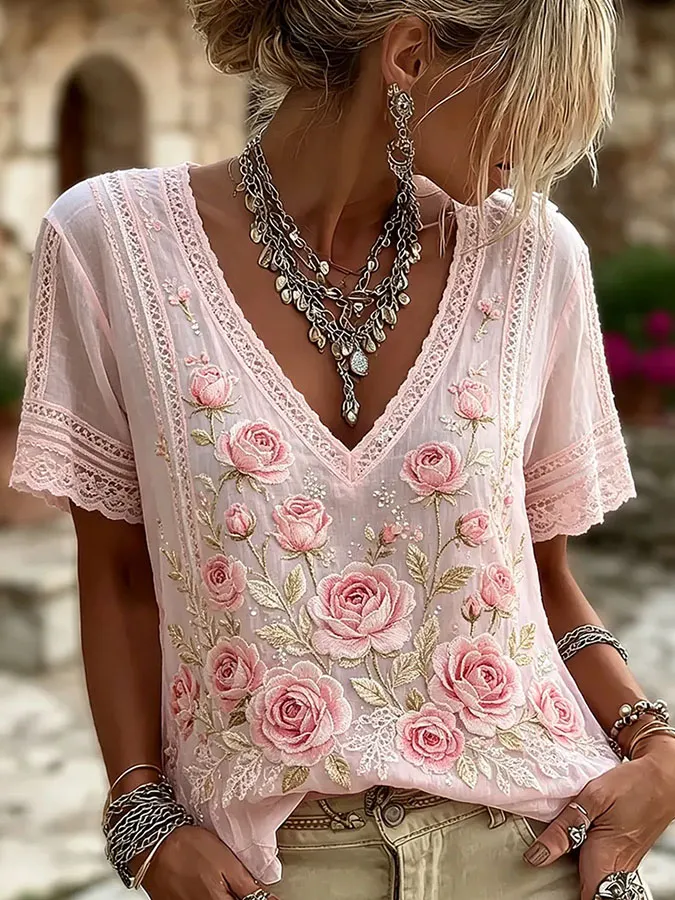 Women'S Floral Art Printed Casual Cotton And Linen Short Sleeved T-Shirt