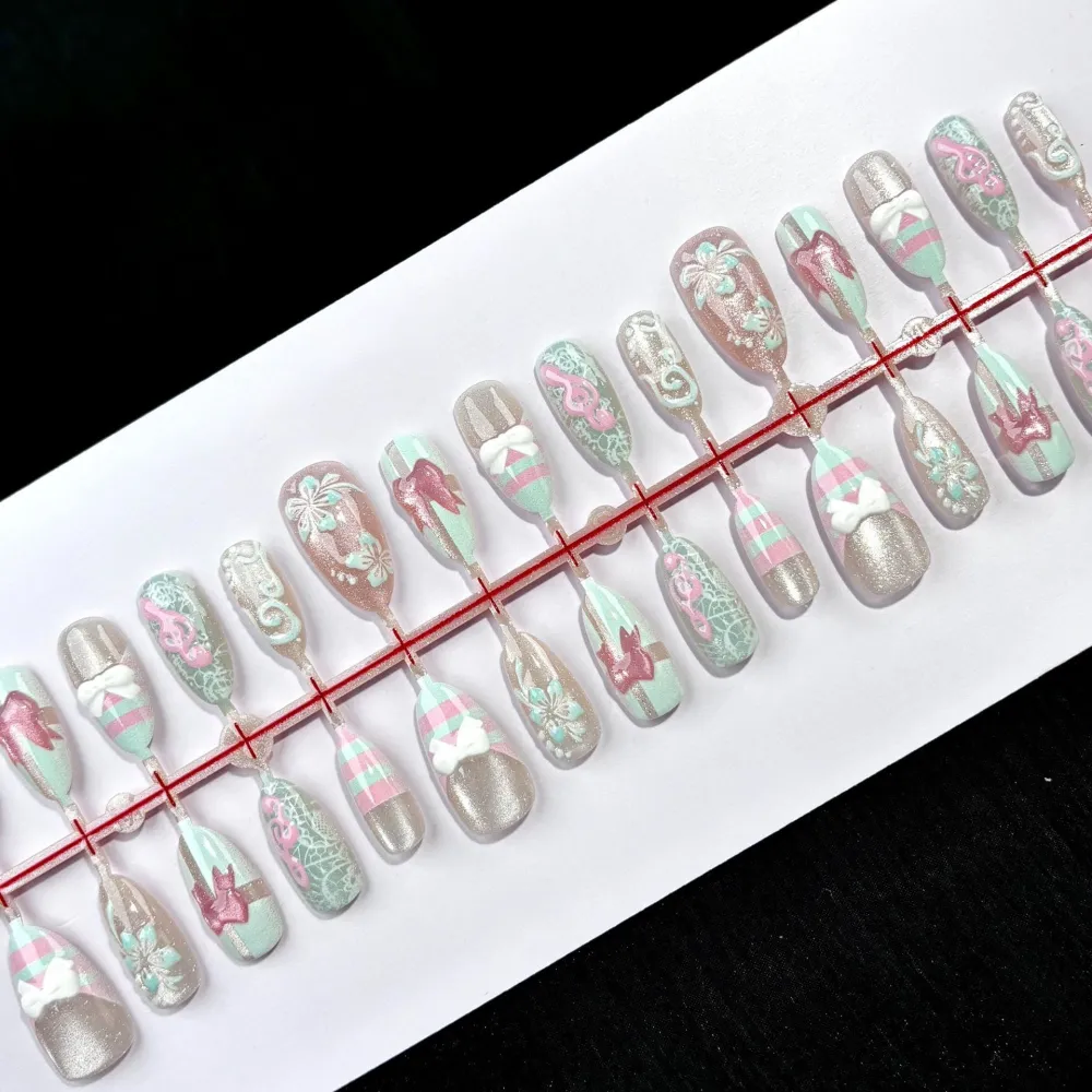Nailhour 30Pcs Pink Strips 3D Medium Almond French Press On Nails