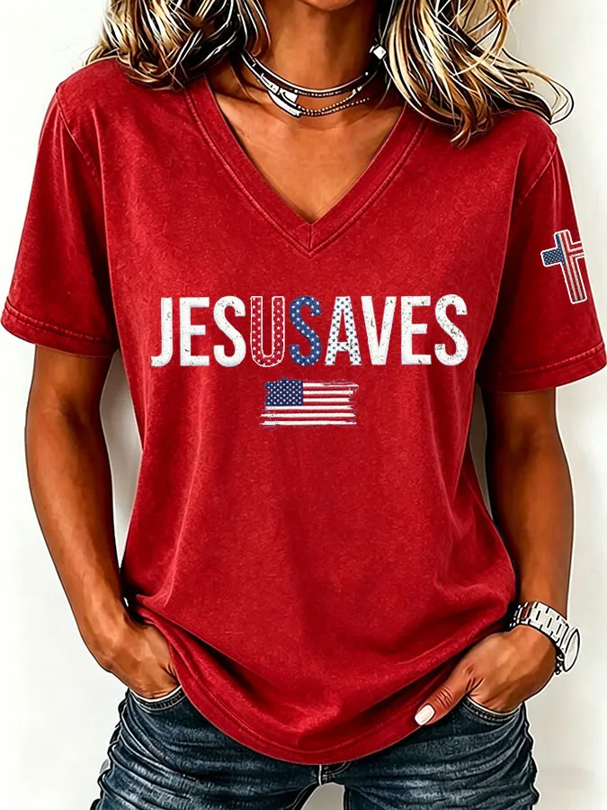 Women'S America Flag  Print Casual V-Neck T-Shirt