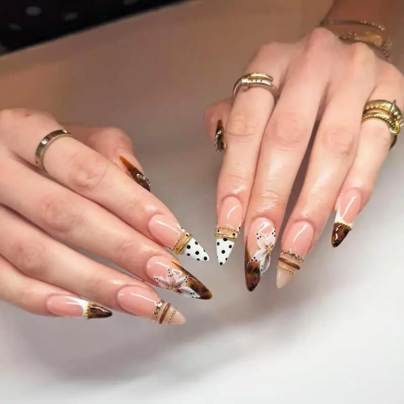 Nailhour 24Pcs French Long Almond Modern Amber Press On Nails