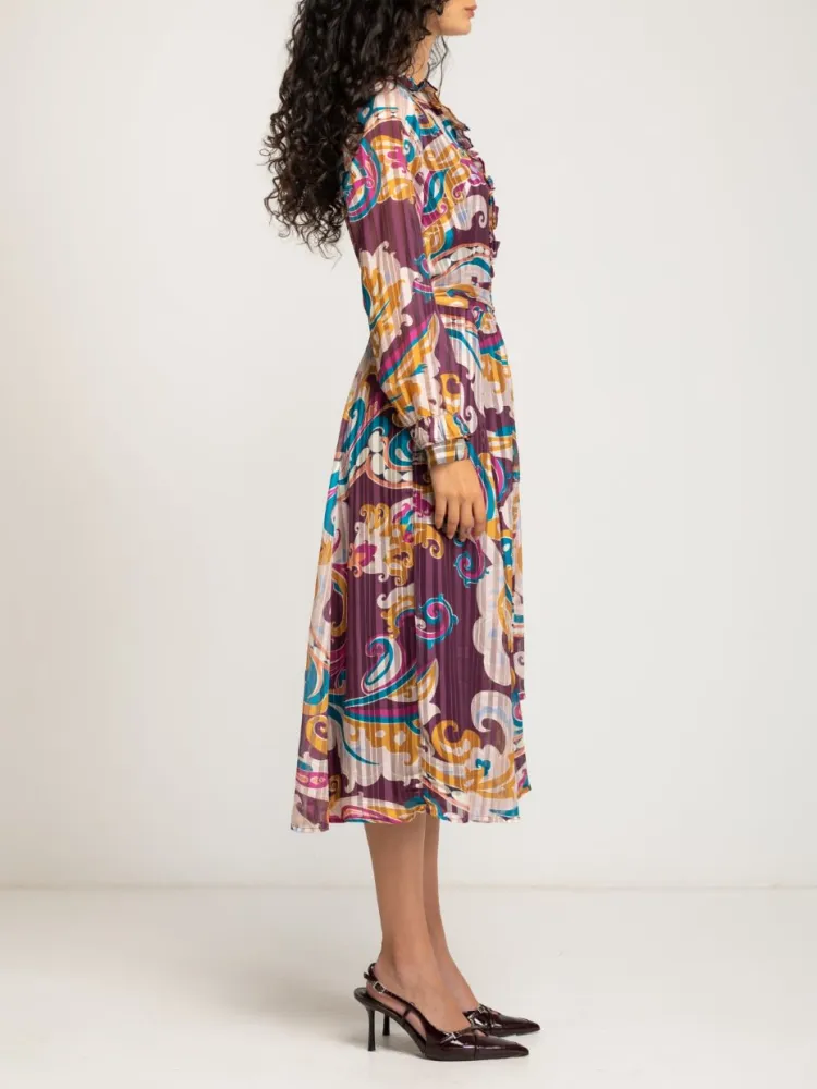 Long-Sleeve Colorful Printed Midi Dress