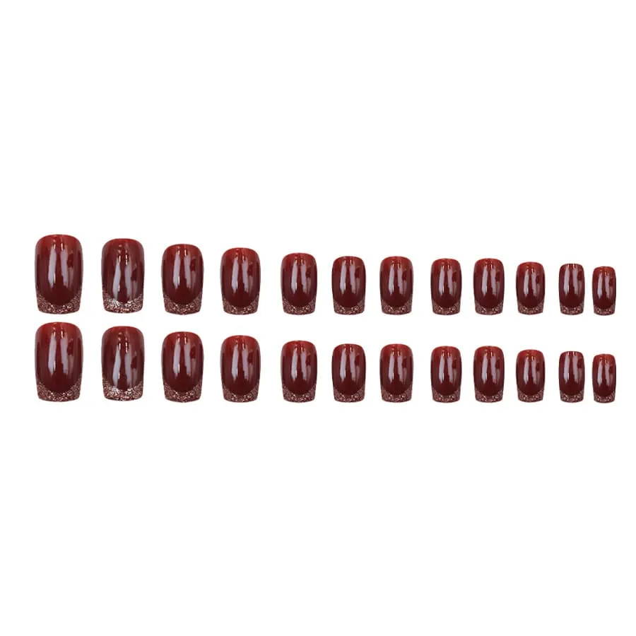 Nailhour 24Pcs Red French Short Square Gilded Press On Nails