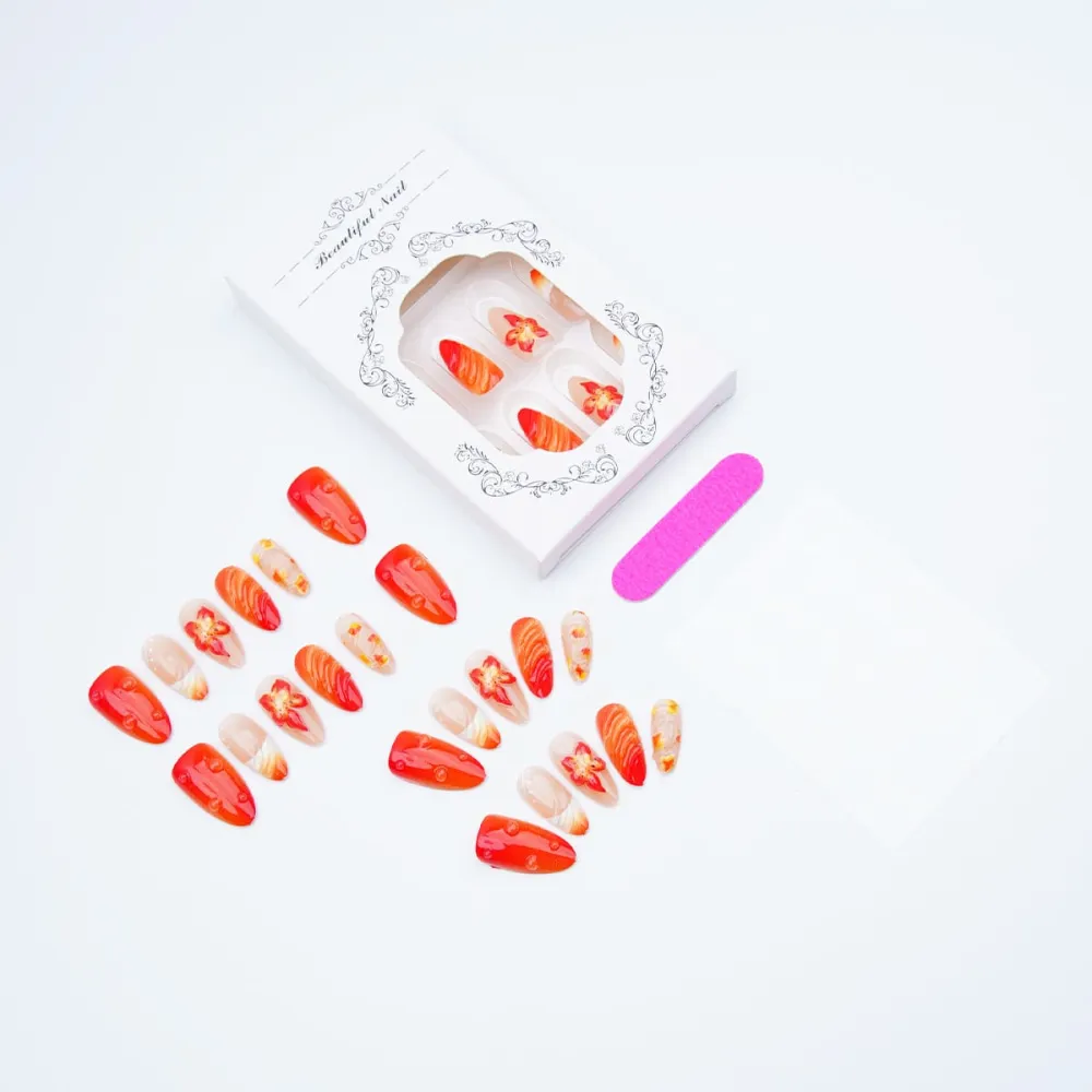 Nailhour 30Pcs Autumn Orange Floral 3D Medium Almond French Press On Nails