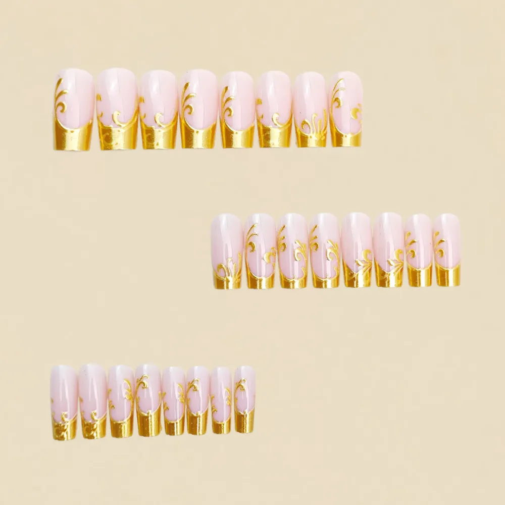 Nailhour 24pcs 3D Gold Plated Embossed French Rectangular Decals Press On Nails