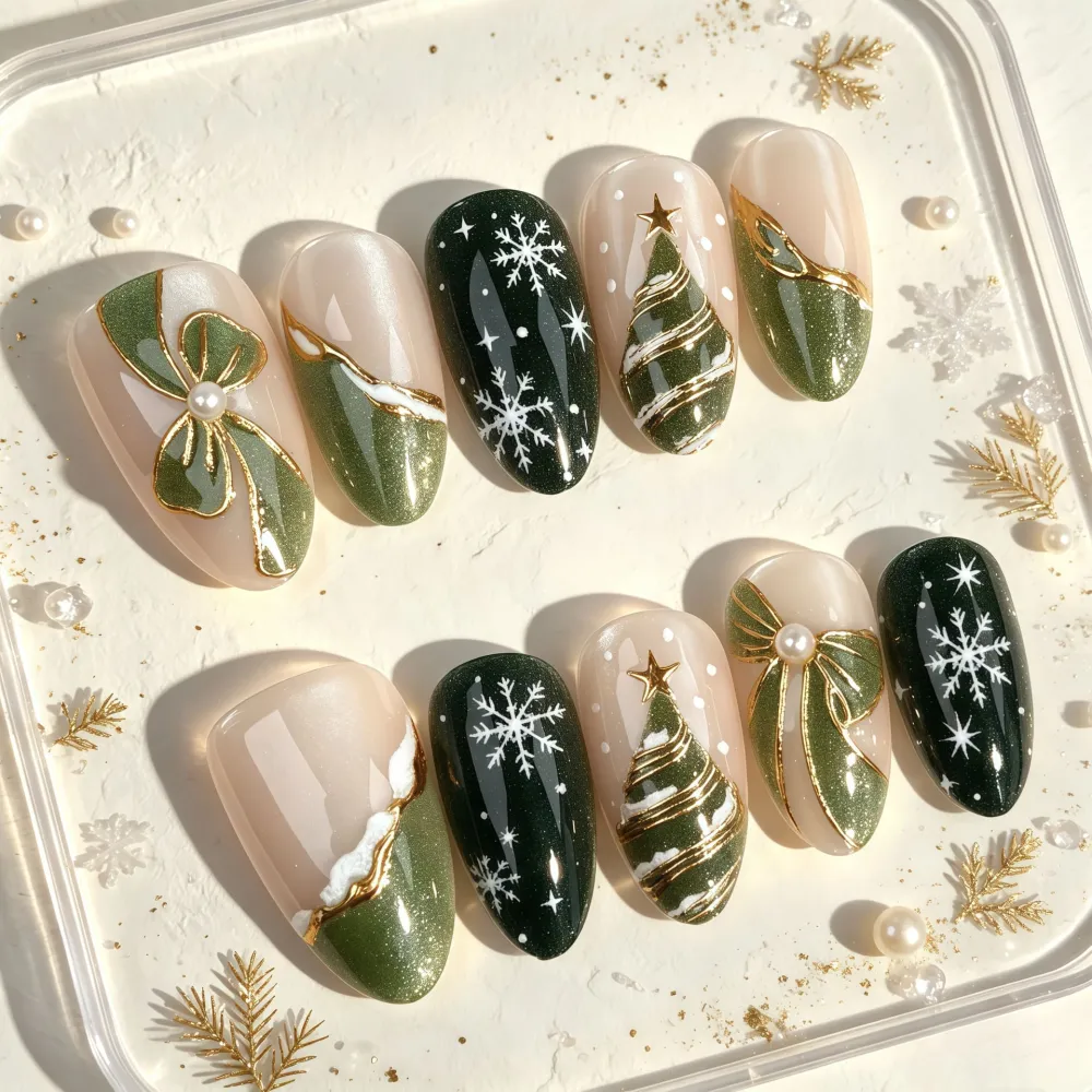 Nailhour 30Pcs Green Christmas Medium Almond French Press On Nails