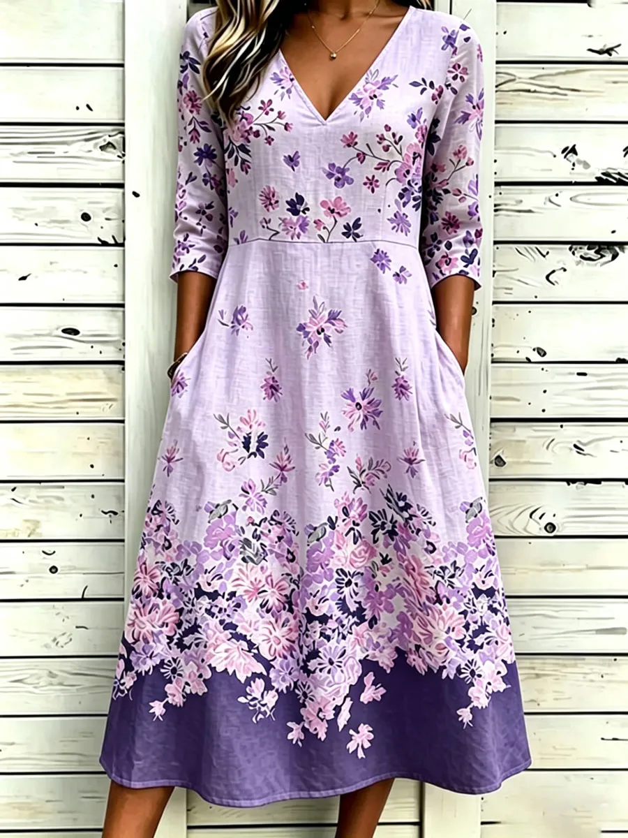 Women'S Cotton And Linen Casual Printed Dress