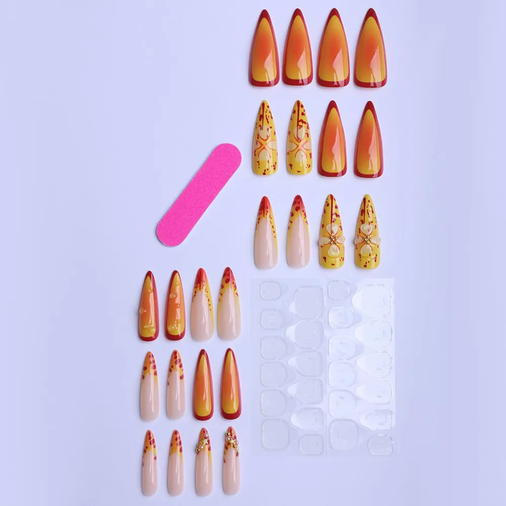 Nailhour 24Pcs Autumn 3D French Floral Medium Stiletto Press On Nails