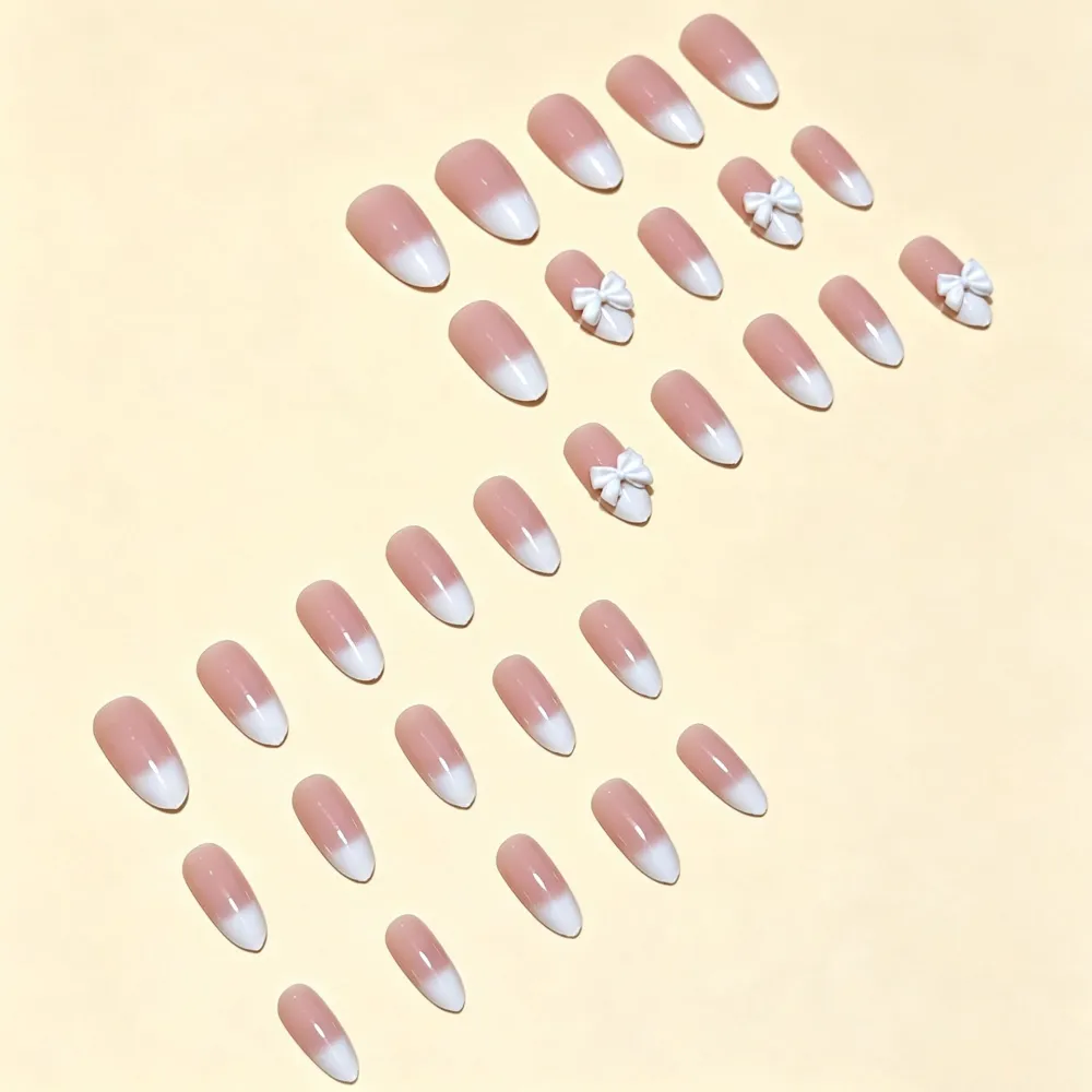 Nailhour 30Pcs White 3D French Bow Short Almond Press On Nails