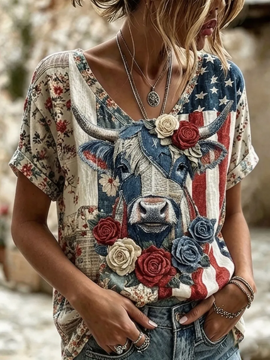 Vintage Highland Cow Patchwork Print Women's Linen V Neck T-Shirt