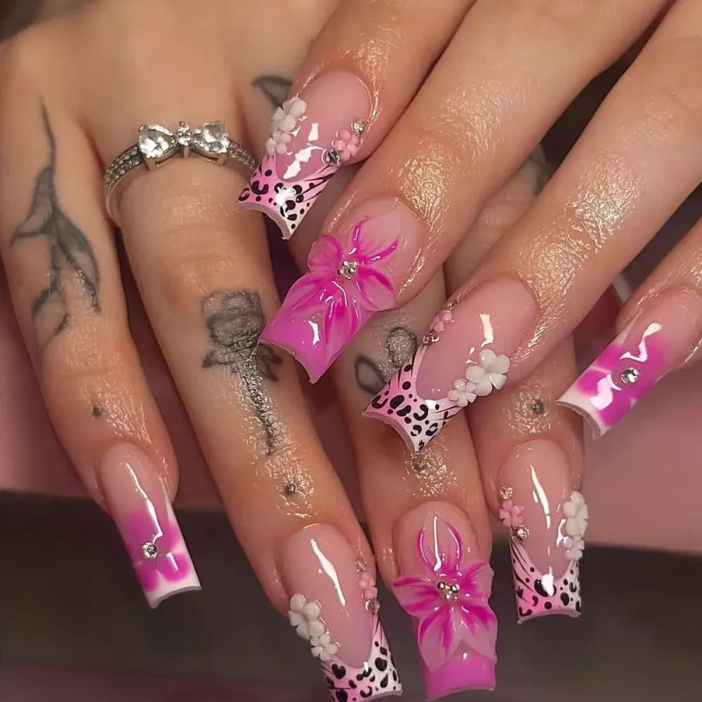 Nailhour 24Pcs 3D Pink Floral Medium Square Press On Nails
