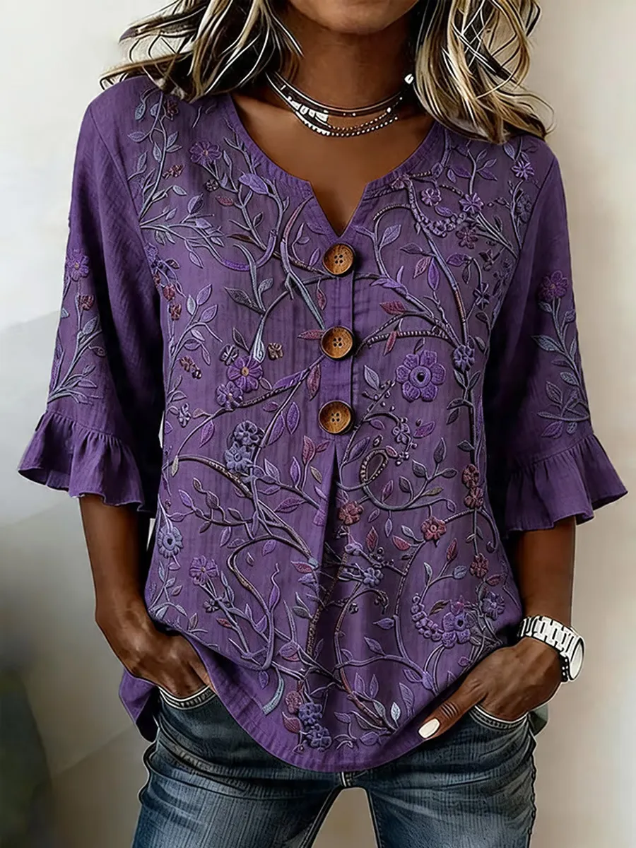 Women's Casual Purple Floral Cotton Linen Top