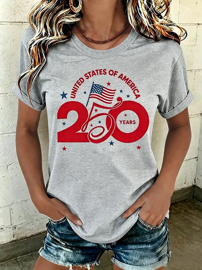 250 Years USA Independence Flag Graphic Casual Crew Neck T-Shirt