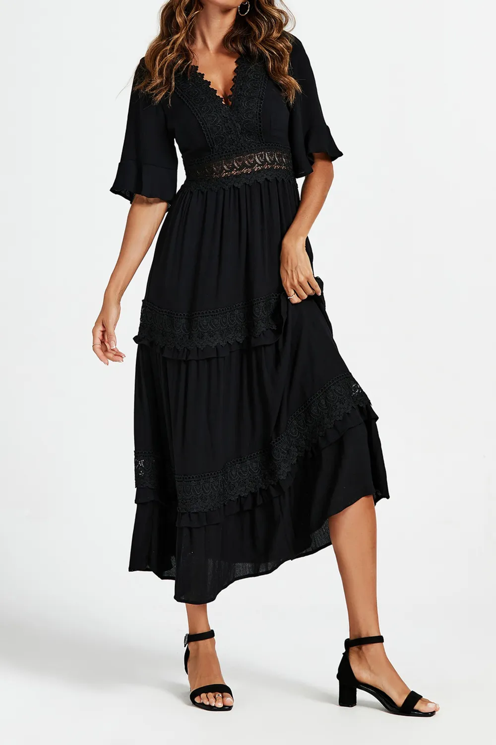 Black V-Neck Lace Ladies Elegant Dress