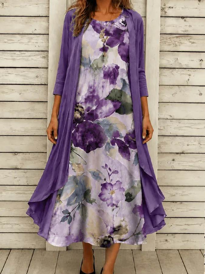 Women'S Floral Print Dress Two-Piece Set