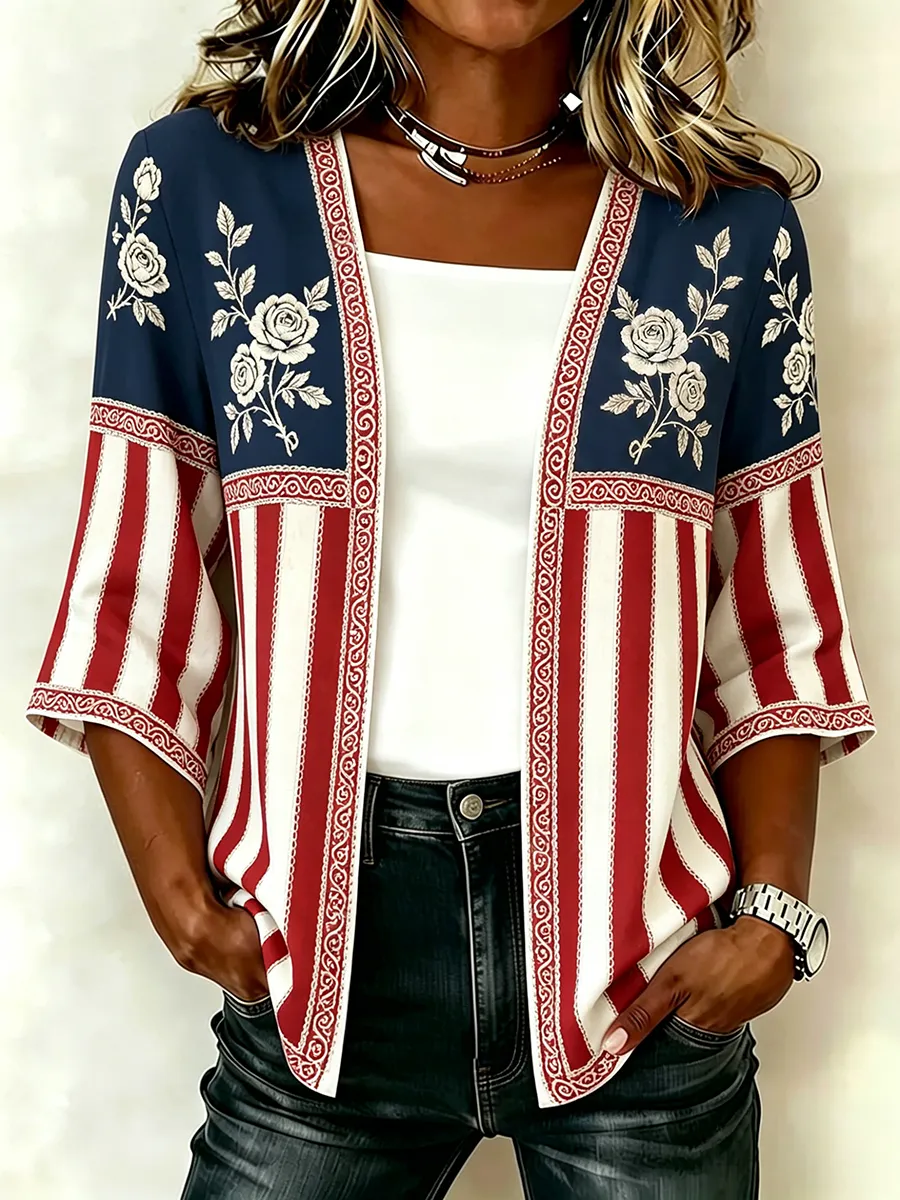 Women'S Casual Loose Independence Day Patriotic Cardigan