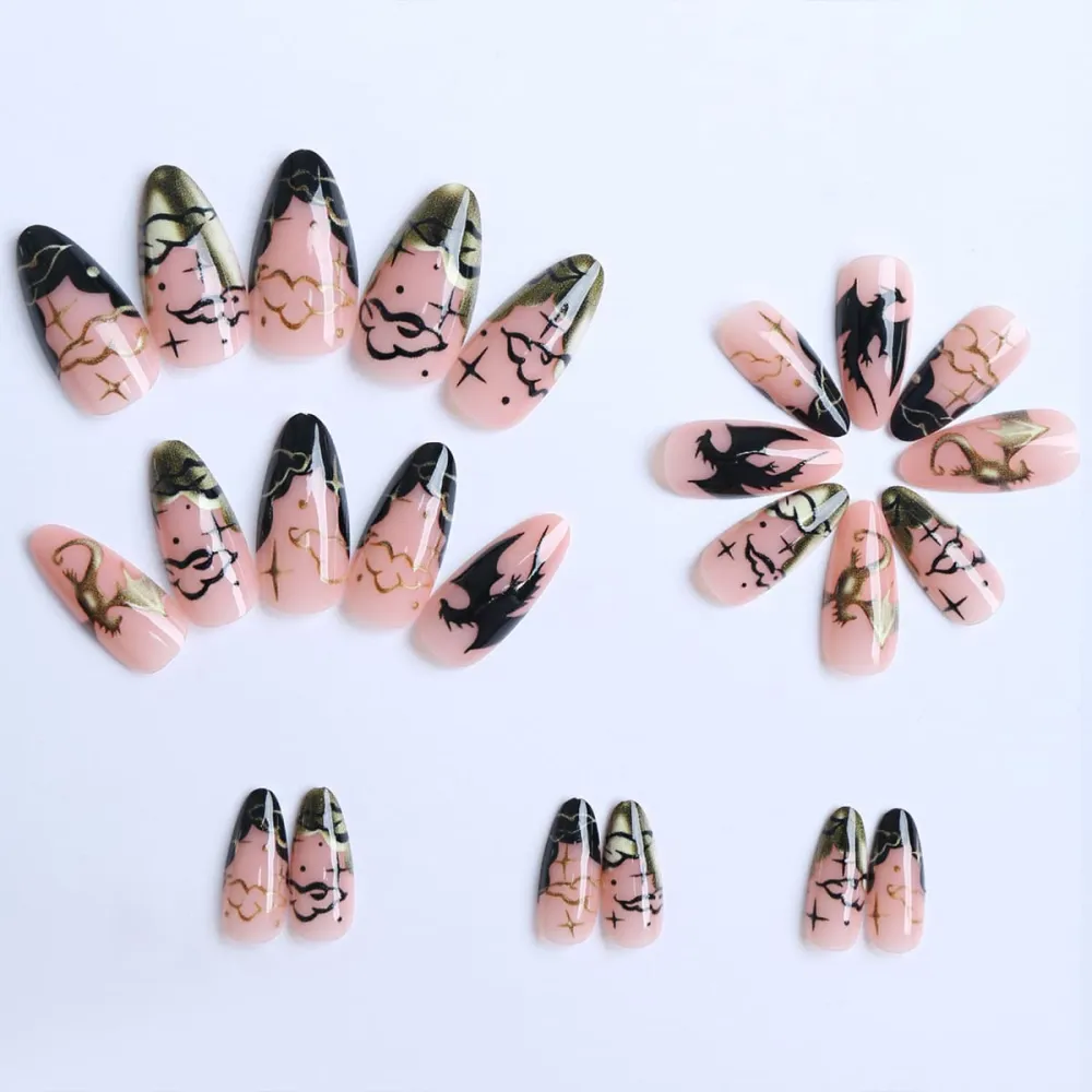 Nailhour 24Pcs Gothic Black Dark Punk Style Gilded Short Almond Press On Nails