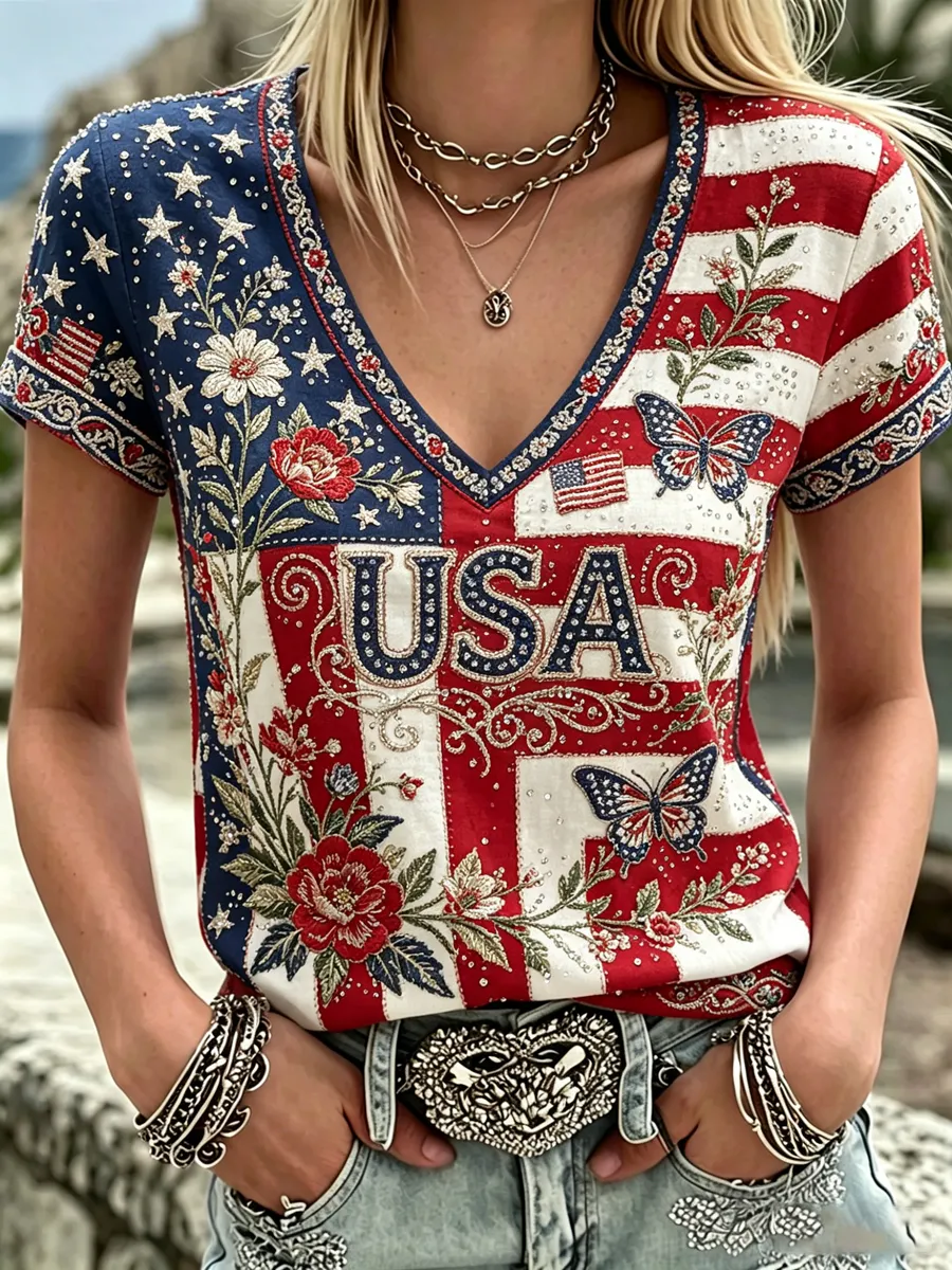 Women's Flower Independence Day Printed Casual T-shirt