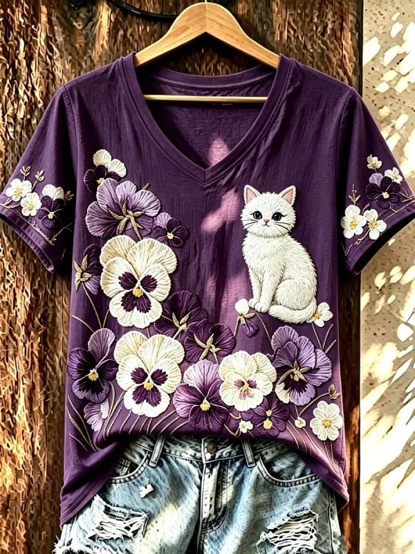 Women's Purple Floral Cat-Pocket V-Neck Top