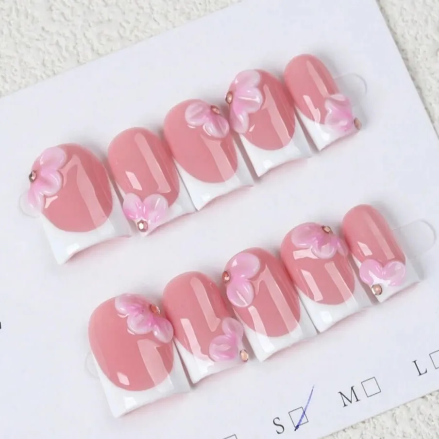 Nailhour 10Pcs Handmade Short Square French Style With 3D Flower Press On Nails