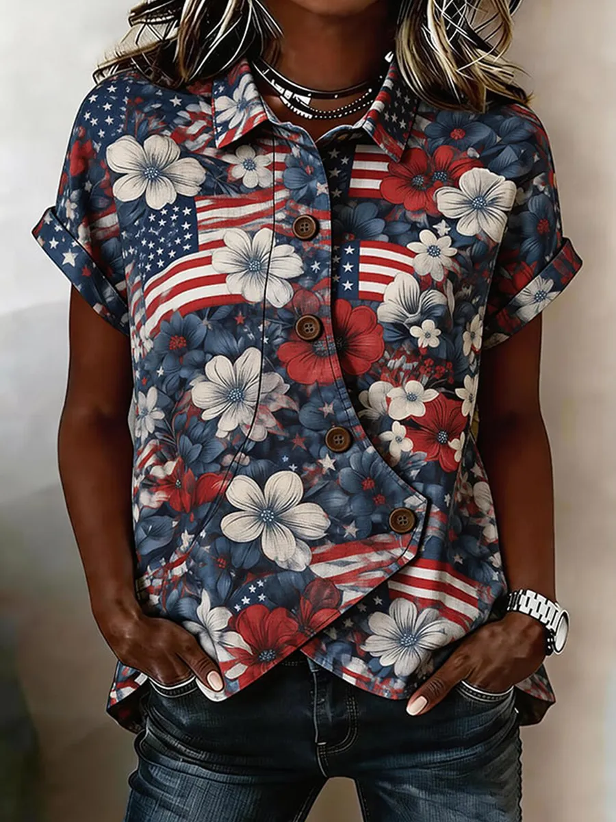 Women'S American Flag Art Commemorative Art Print Shirt
