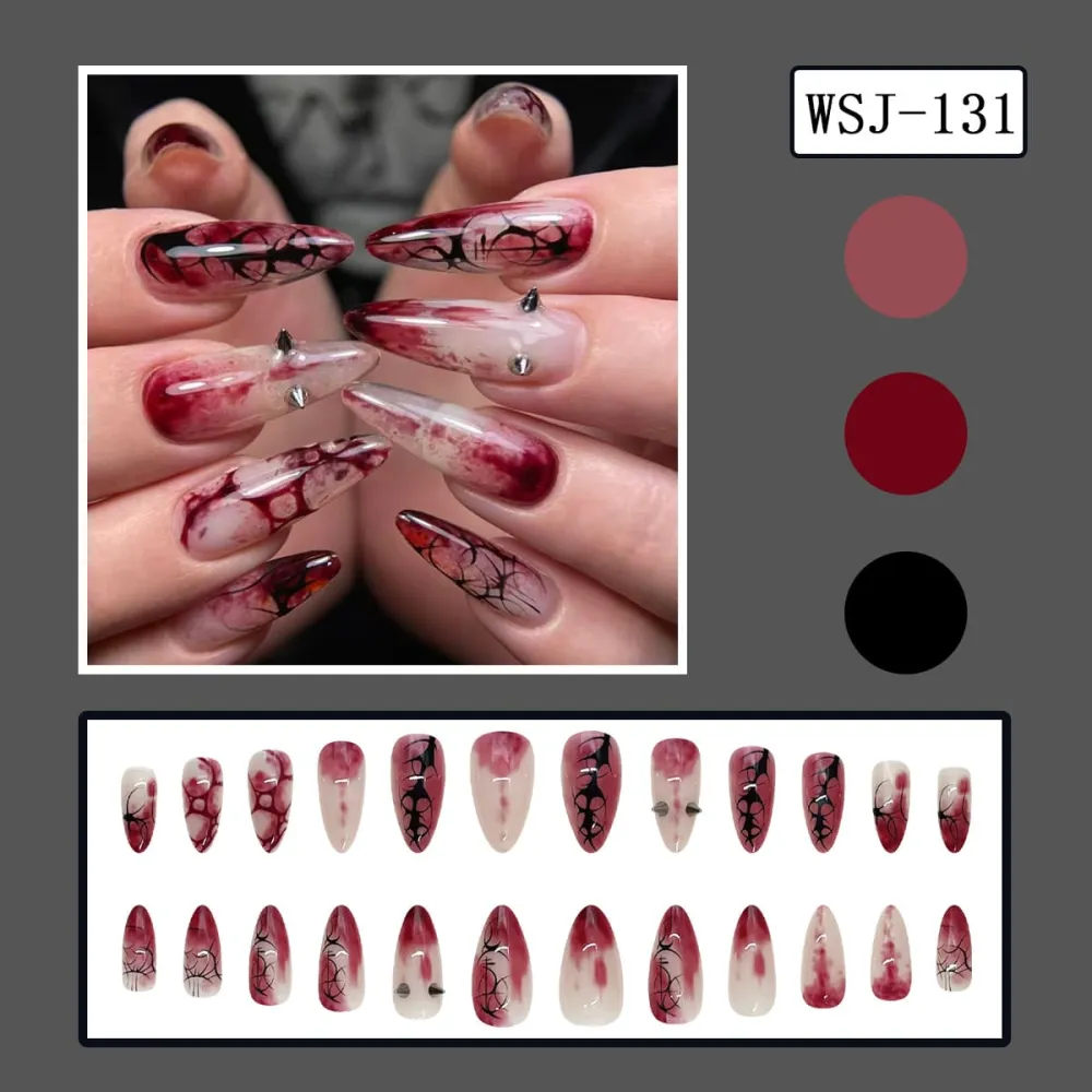 Nailhour 24Pcs Red Halloween Gothic Long Almond  Press On Nails