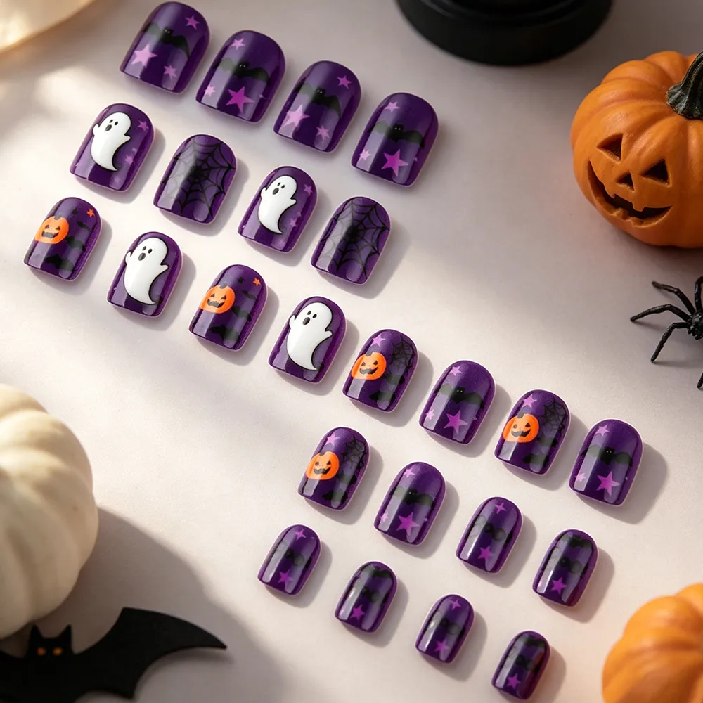Nailhour 24Pcs Purple Square Pumpkin Ghost Halloween Press On Nails
