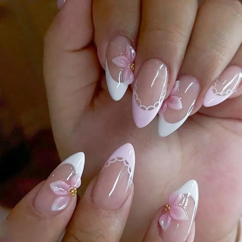 Nailhour 10Pcs Handmade French Medium Almond 3D Resin Nude Press On Nails