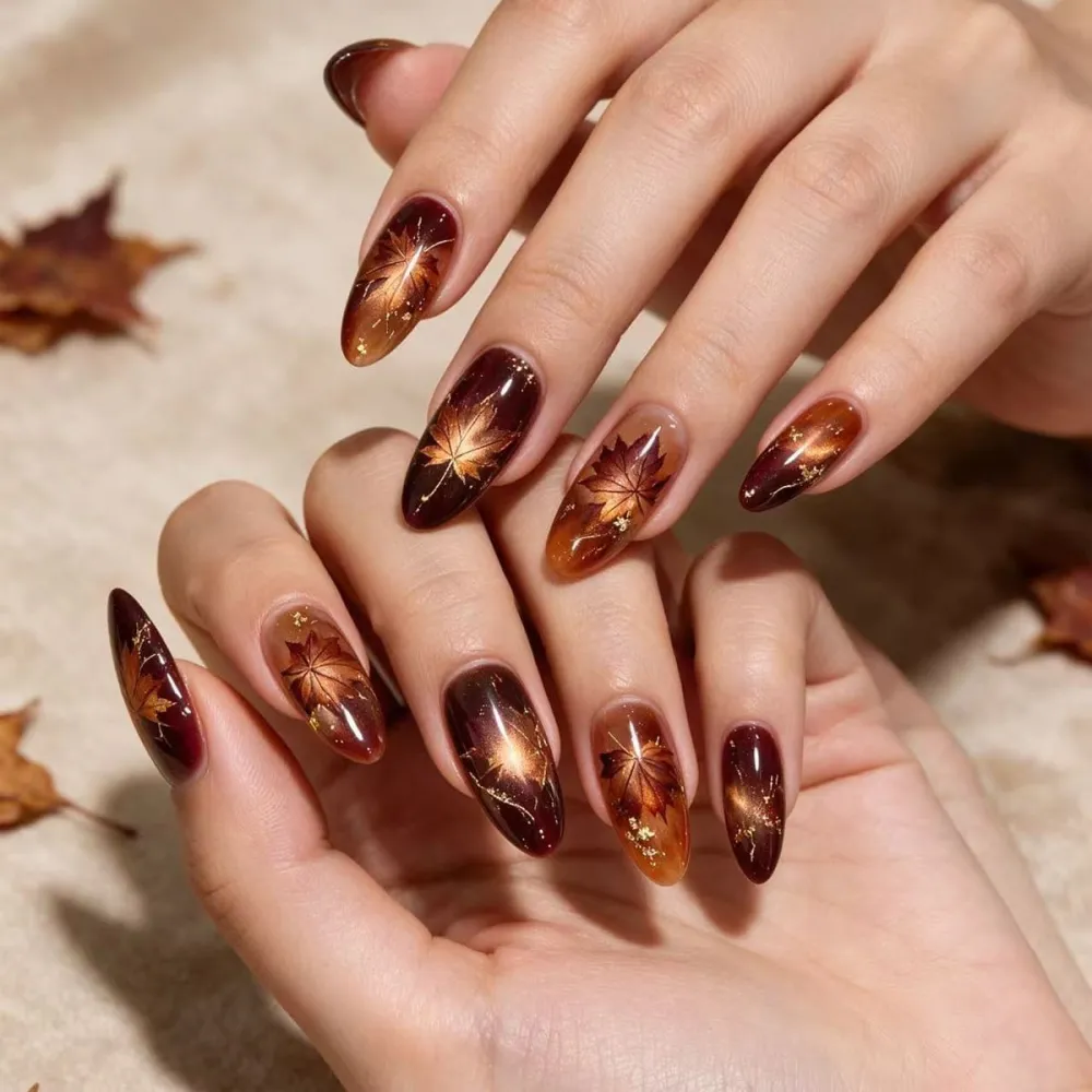 Nailhour 24Pcs Thanksgiving Brown Gradient Medium Almond French Press On Nails