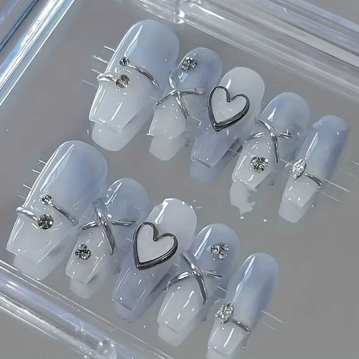 Nailhour 10Pcs Date Gradient 3D Gilded  Blue Long Coffin Press On Nails