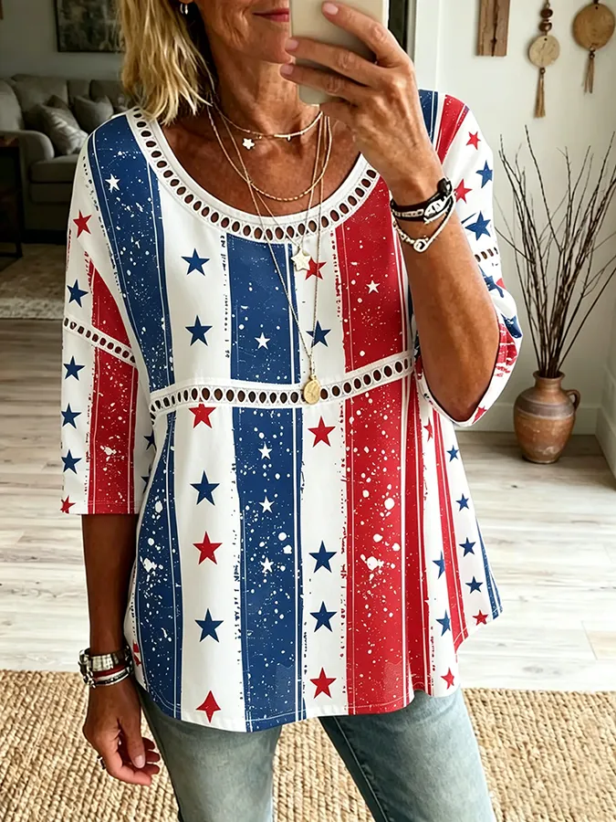Women's Retro American Flag Striped Hollow Top