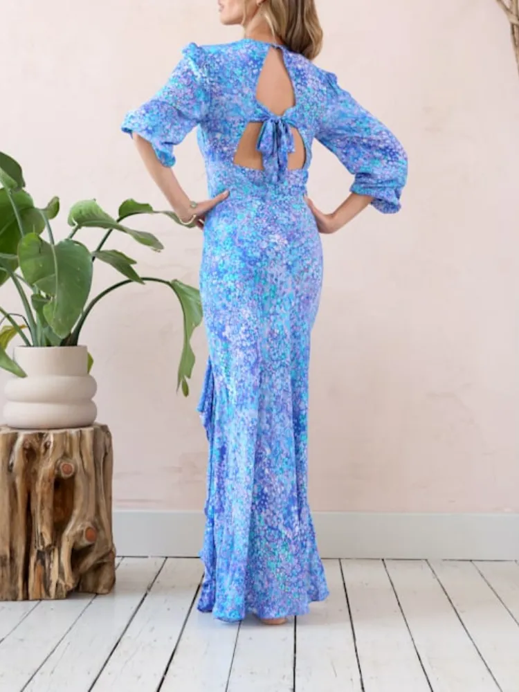 Ruffled V-Neck Long Sleeve Dress
