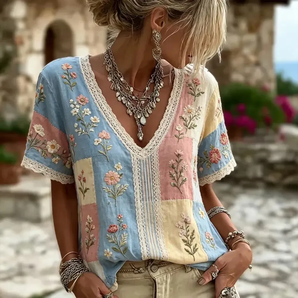 Women'S Floral Art Printed Casual Cotton And Linen Short Sleeved T-Shirt
