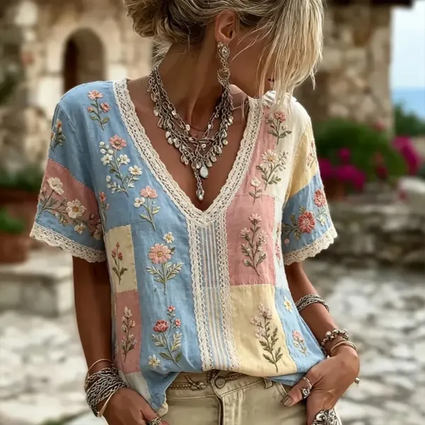 Women'S Floral Art Printed Casual Cotton And Linen Short Sleeved T-Shirt