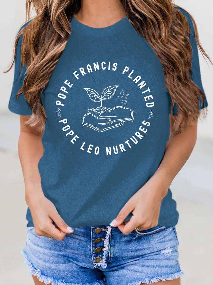 Women's Pope Francis Planted PopeLeo Nurtures Round-Neck Short-Sleeved T-Shirt