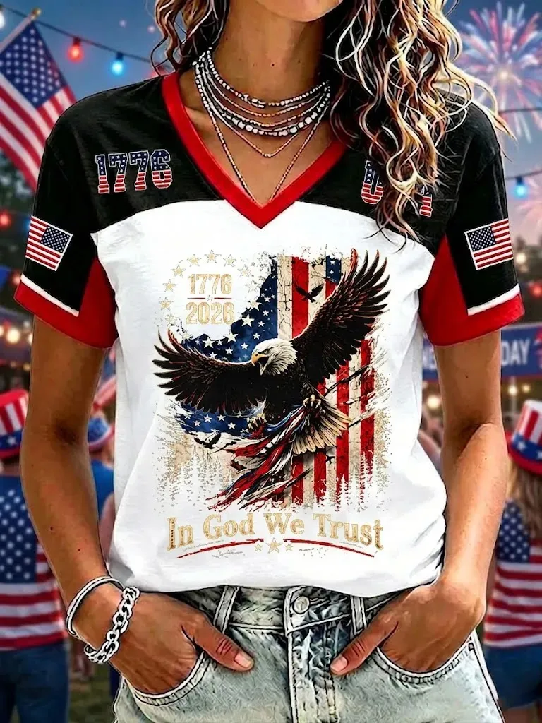 Women's Casual American Flag And Eagle Print T-Shirt