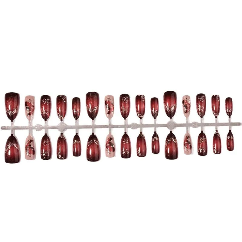 Nailhour 30Pcs Red 3D Medium Almond Vintage French Press On Nails